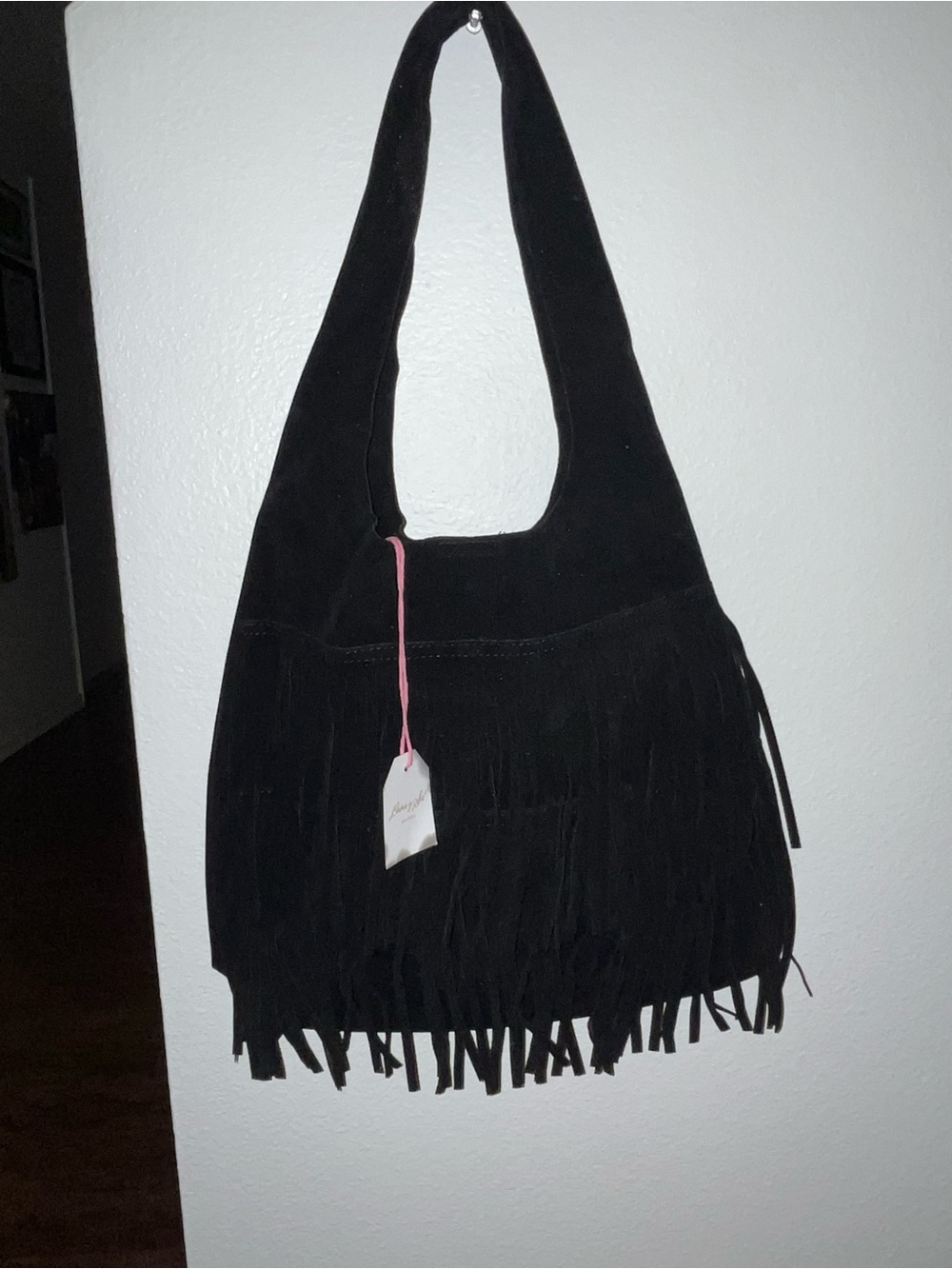 Black Suede Fringe Shoulder Bag - Unbranded